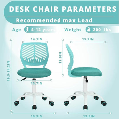 FurnitureR Writing Task Chair 360 Swivel,Low Mid PP Mesh Back Fabric Seat, Height Adjustable, Rolling Castor,W15.7”xD15.2”x H29.5-34.2",Turquoise