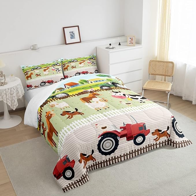 Tractor Bedding Sets for Boys King Size Toddler Kids Cute Cartoon Farm Animals Comforter Set Girls Children Farmhouse Country Down Comforter for All Season Colorful Room Decor Nature Theme Duvet Set