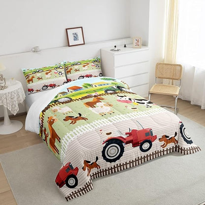 Tractor Bedding Sets for Boys King Size Toddler Kids Cute Cartoon Farm Animals Comforter Set Girls Children Farmhouse Country Down Comforter for All Season Colorful Room Decor Nature Theme Duvet Set