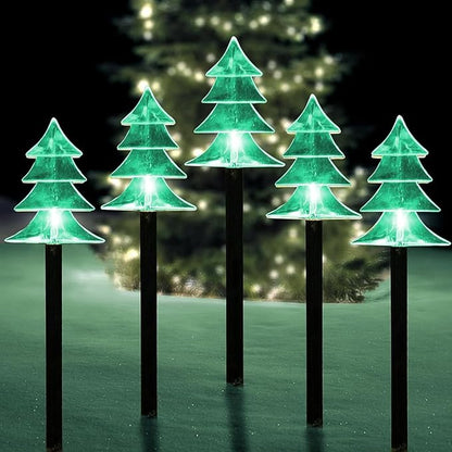 ILLUMINEW Christmas Solar Pathway Lights, Set of 5 Waterproof Landscape Christmas Lights, Stake Christmas Decorations, LED Lights for Yard Lawn Patio Walkway Decor (5PCS-Green-Tree)