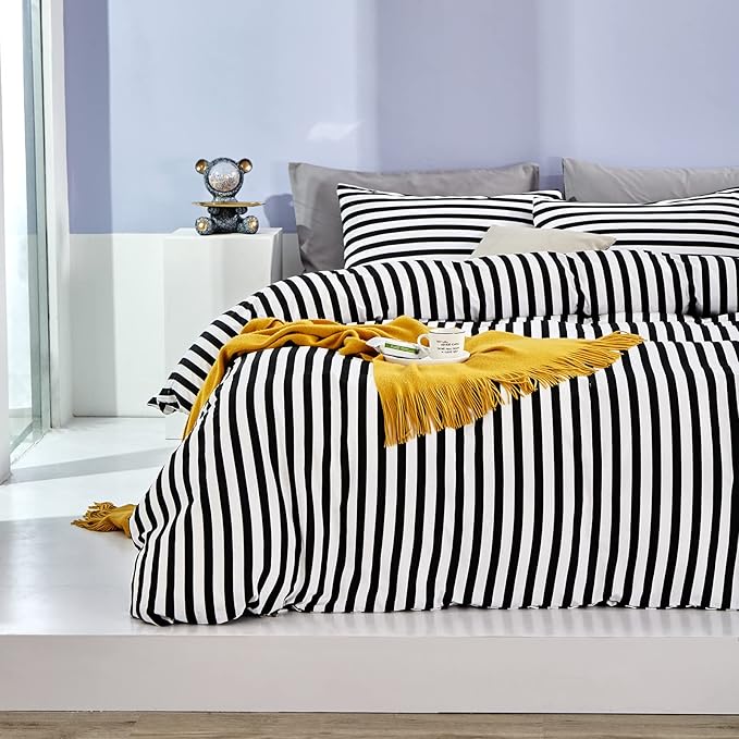 White&Black Stripes Comforter Set Full Women Bedding Set Soft Durable White Striated Bedding Set Black Stripes Ticking Quilts Hotel Quality Comforter Set Girls boy White Black Stripes Bed Set