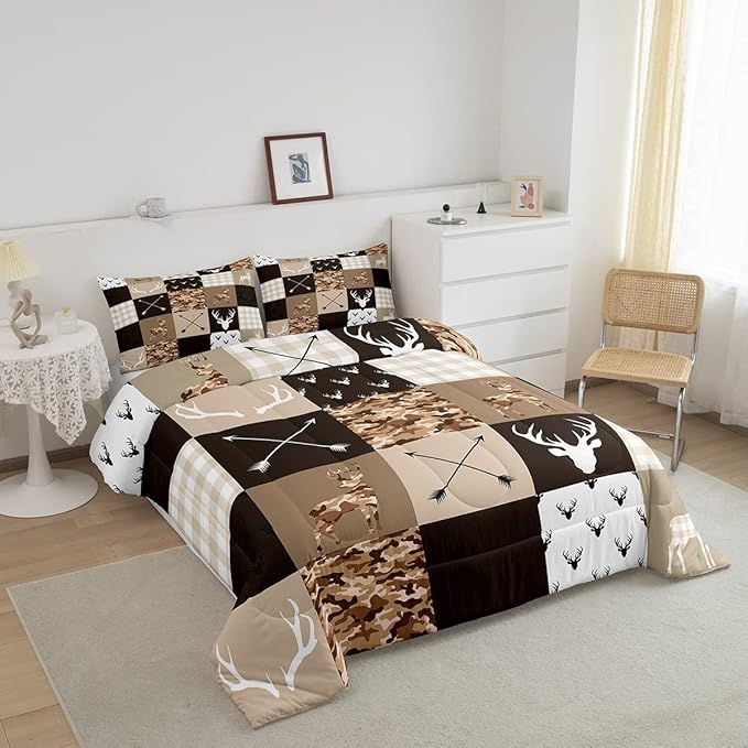 Antler Silhouette Kids Comforter Set Queen Size,Camo Brown Rustic Bedding Set,Girls Boys Adults Bedroom/Xmas Decor,Geometric Plaid Patchwork Down Comforter,Arrows Boho Duvet Insert,3pcs,2 Pillowcases