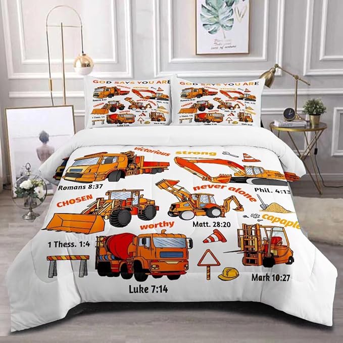 Kids Construction Vehicles Truck Comforter for Boys Full,Cartoon Car Excavator Tractor Bedding Set,Construction Christian Spirational Quotes Comforter with 2 Pillowcases White