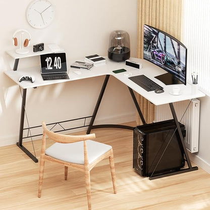 MoNiBloom L Shaped Computer Desk Corner Table with Metal Frame, L Desk Workstation for Home Office, Space-Saving, White