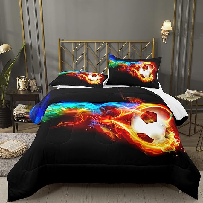 Bodhi Teen Bedding Set Twin,Soccer Comforter Set for Boys,Fire Sports Comforter Set Twin Size,Boys Football Comforter Set with Matching Pillowcases,Boys Bedding Set Twin