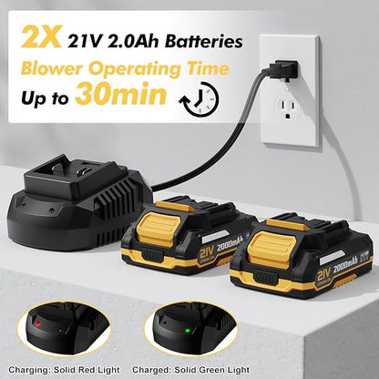 Leaf Blower Cordless - 21V Electric Cordless Leaf Blower with 2 Batteries and Charger, 2 Speed Mode, 2.0Ah Lightweight Battery Powered Leaf Blowers for Lawn Care, Patio, Blowing Leaves Lemon Yellow