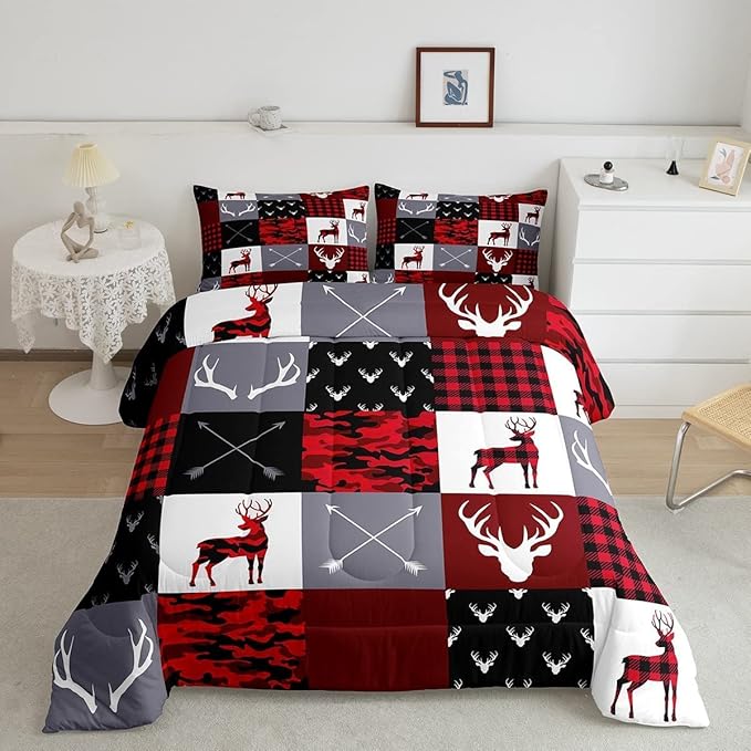 Boys Deer Antlers Silhouettes Comforter Set King Size,Geometric Plaids Patchwork Bedding Set 3pcs for Kids Teens Adults Girls Home Decor,Red Camouflage Christmas Xmas Down Comforter,Rustic Farmhouse