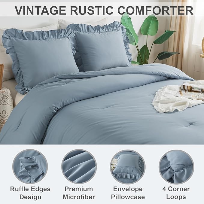 Andency Grayish Blue Queen Comforter Set(90x90Inch), 3 Pcs(1 Ruffle Comforter and 2 Pillowcases) Solid Bedding Comforter Sets for Queen Bed, Lightweight and Fluffy Soft Microfiber Bedding Set