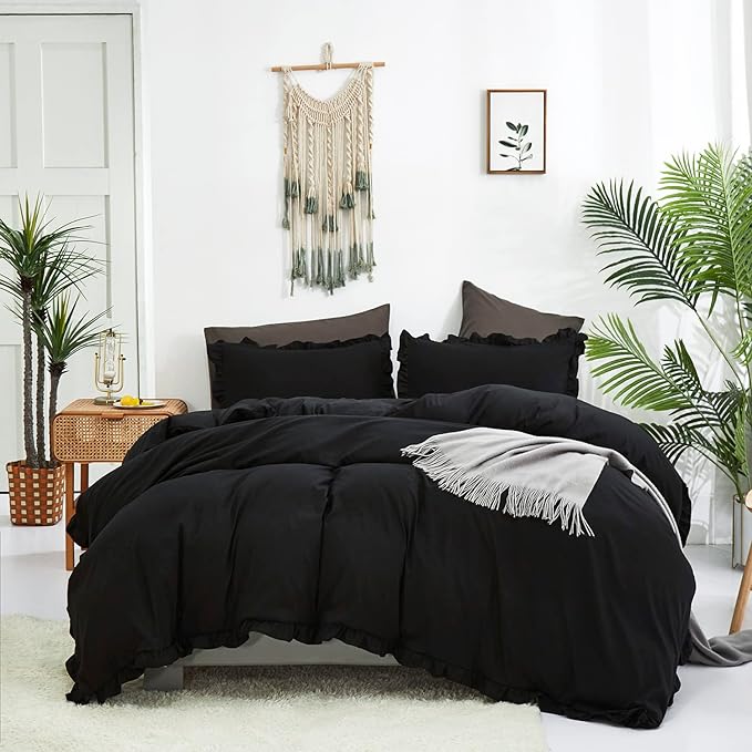 Black Ruffled Comforter Set Cal King Size Bedding Set Women Black Ruffles Blanket Men California King Ruffled Comforter Farmhouse Ruffle Fringe Design Girls 3 PCs Black Ruffled Bedding Set