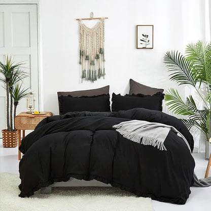 Black Ruffled Comforter Set Cal King Size Bedding Set Women Black Ruffles Blanket Men California King Ruffled Comforter Farmhouse Ruffle Fringe Design Girls 3 PCs Black Ruffled Bedding Set