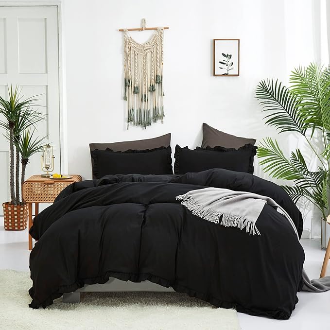 Black Ruffled Comforter Set Full Size Bedding Set Women Black Ruffles Blanket Men Black Ruffled Comforter Farmhouse Ruffle Fringe Design Girls 3 PCs Solid Black Ruffled Bedding Set