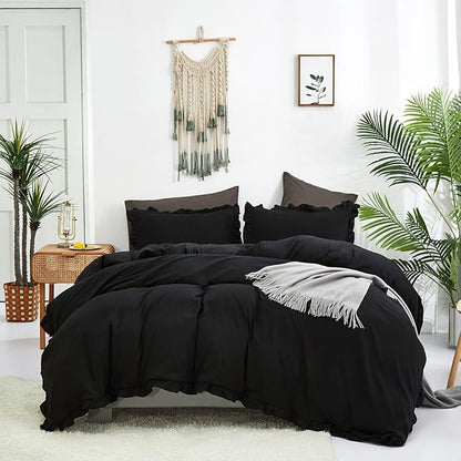 Black Ruffled Comforter Set Full Size Bedding Set Women Black Ruffles Blanket Men Black Ruffled Comforter Farmhouse Ruffle Fringe Design Girls 3 PCs Solid Black Ruffled Bedding Set