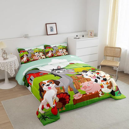 Cute Farm Animals Bedding Set Kids Cartoon Pig Dog Cow Horse Comforter Set for Boys Girls Teens Nature Country Comforter Farmhouse Rustic Duvet Set Colorful Decor Quilt King Size Boys