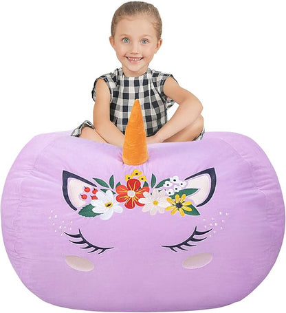 Aubliss Stuffed Animal Storage, Velvet Bean Bag Chairs Cover, X-Large 38" Ultra Soft Kids Toy Storage Organizer for Blankets Towels Clothes, Unicorn Purple Floral