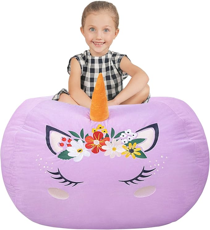 Aubliss Stuffed Animal Storage, Velvet Bean Bag Chairs Cover, Large 32" Ultra Soft Kids Toy Storage Organizer for Blankets Towels Clothes, Purple Floral