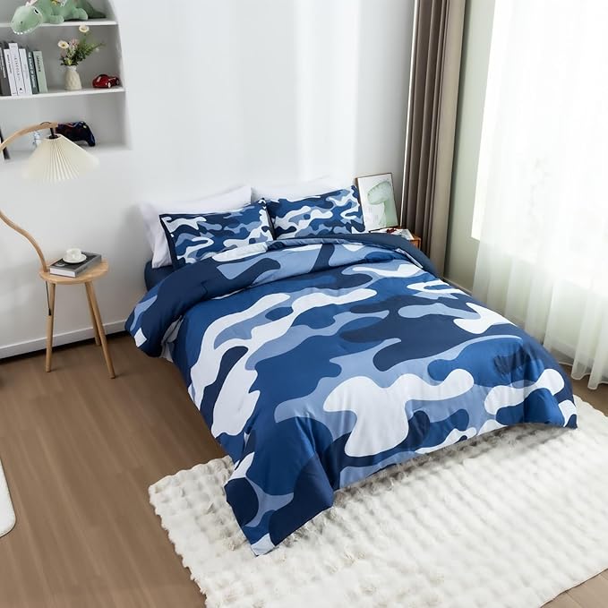 Meeting Story Camouflage Bedding Set, Colorful Pattern Style Comforter Set, 5 PCS One Comforter Two Pillowcases Two Sheets in One Bag, All Season Bedspread for Teens Adults (Navy,Queen 5Pcs)