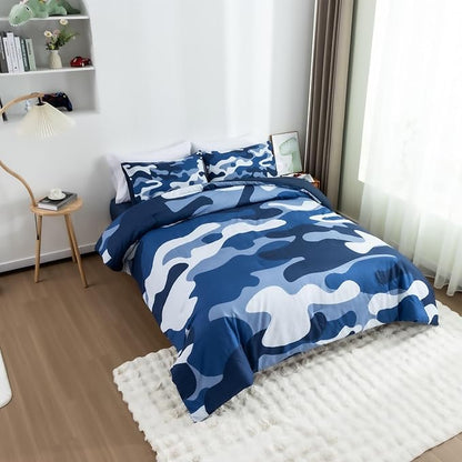 Meeting Story Camouflage Bedding Set, Colorful Pattern Style Comforter Set, 5 PCS One Comforter Two Pillowcases Two Sheets in One Bag, All Season Bedspread for Teens Adults (Navy,Twin 5Pcs)