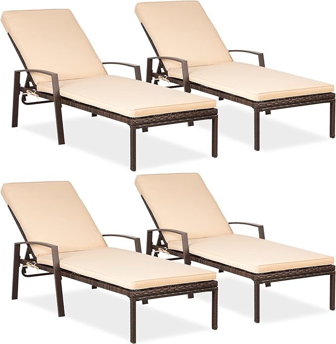 Pamapic 4 Pieces Patio Lounge Chair Set, Patio Chaise Lounges with Thickened Cushion, PE Rattan Steel Frame Pool Lounge Chair Set for Patio Backyard Porch Garden Poolside (Beige)