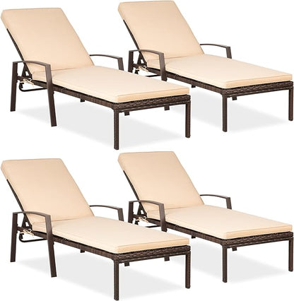 Pamapic 4 Pieces Patio Lounge Chair Set, Patio Chaise Lounges with Thickened Cushion, PE Rattan Steel Frame Pool Lounge Chair Set for Patio Backyard Porch Garden Poolside (Beige)