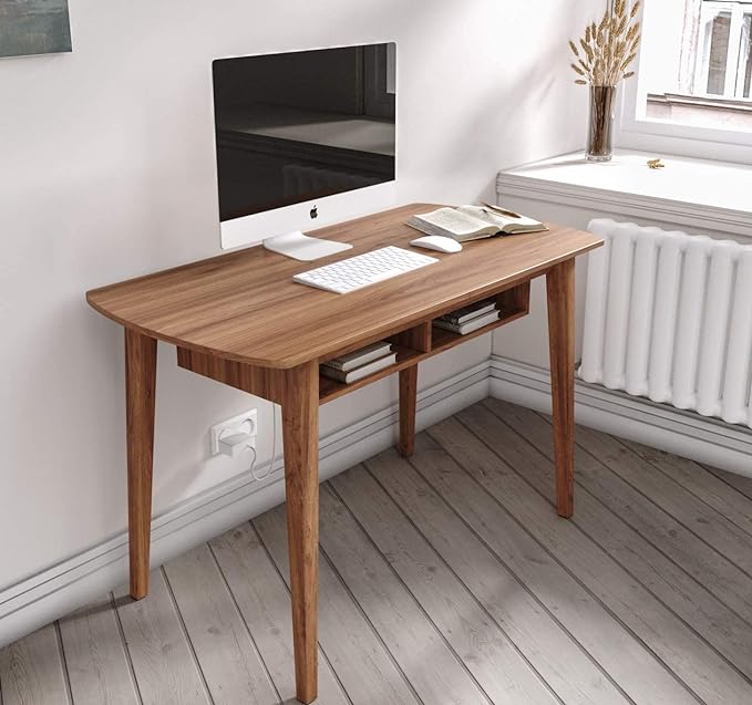 Modern Design By Crafts & comfort Monza Computer Desk, Mid Century Desk with Recessed Drawers, Writing Desk for Small Area - Walnut/Walnut
