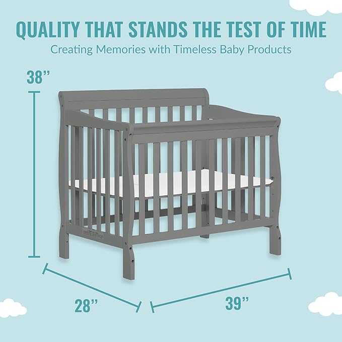 Aden 4-in-1 Convertible Mini Crib In Steel Grey, Greenguard Gold Certified, Non-Toxic Finish, New Zealand Pinewood, With 3 Mattress Height Settings