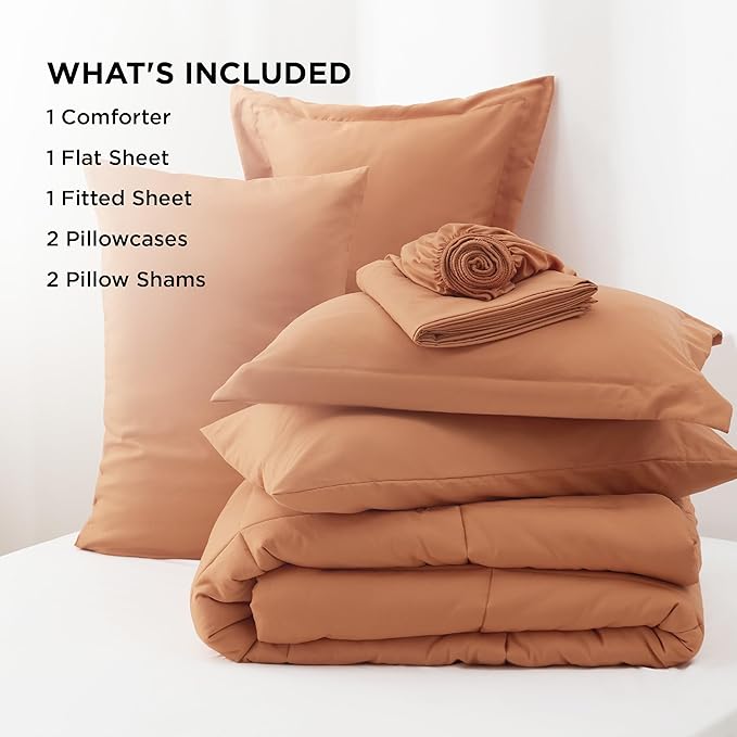 Bedsure Burnt Orange Queen Size Comforter Set - 7 Pieces Solid Queen Bed in a Bag, Queen Bed Set Burnt Orange with Quilted Warm Fluffy Comforters, Sheets, Pillowcases & Shams