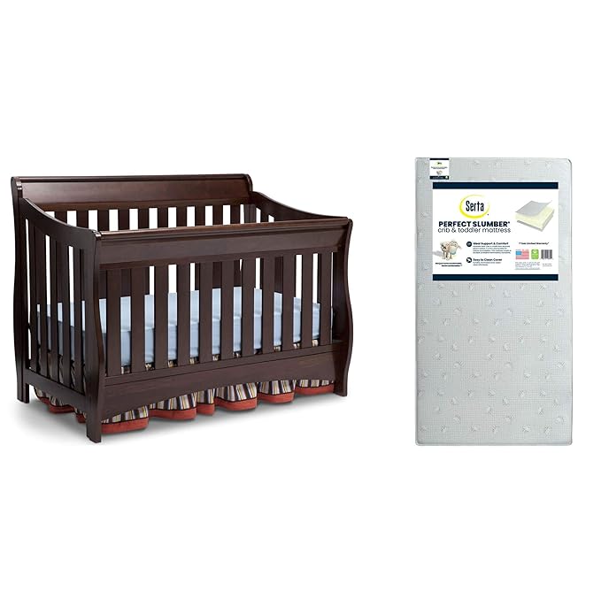 Delta Children Bentley S Series 4-in-1 Crib, Chocolate + Serta Perfect Slumber Dual Sided Recycled Fiber Core Crib and Toddler Mattress (Bundle)