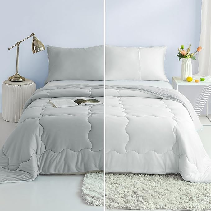 COTTEBED Reversible Comforter Sets KING Size Bed, Jersey Knit T-Shirt Feel Bedding Down Comforters Quilt & Pillowcase -Super Soft Cozy Lightweight All Season (Light Grey and White California Cal/King)