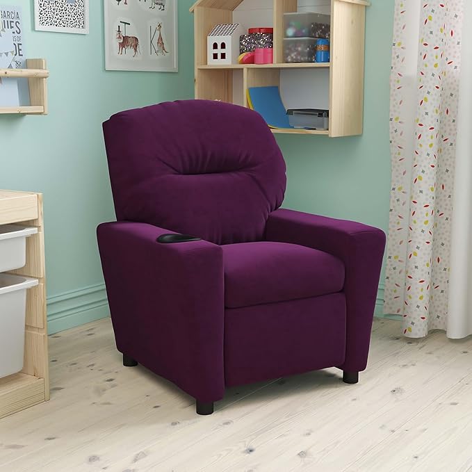 Flash Furniture Chandler Microfiber Kids Recliner with Cup Holder and Safety Recline, Contemporary Reclining Chair for Kids, Supports up to 90 lbs., Purple
