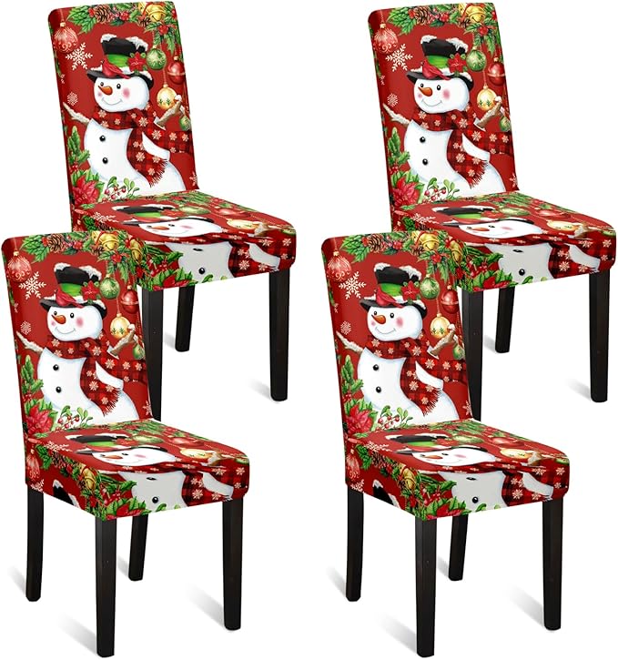 U'Artlines Christmas Chair Covers Set of 4, Removable Washable Merry Christmas Dining Chair Seat Covers Stretch Protector Slipcovers for Dining Room Kitchen Holiday Party Decor, Snowman