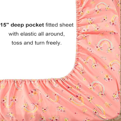 Mooreeke Twin Size Comforter Sets for Girls Kids, 6 Pieces Bed in a Bag Pink Rainbow Flowers Bedding Comforter Sheet Set with Shams and Decorative Toy Pillow, Ultral Soft Microfiber Kids Bed Set