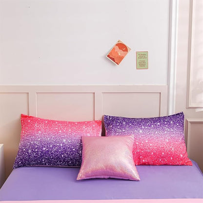 A Nice Night Girls Comforter Set Twin Size 6 Piece Bed in A Bag 3D Colorful Sparkle Galaxy Rainbow Bedding Comforter Sheet Sets for Kids,RedPurple