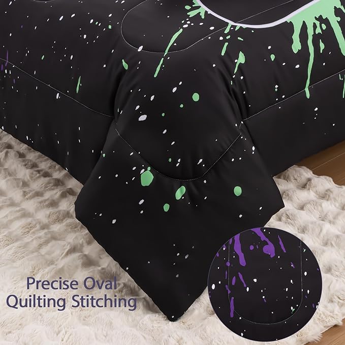 8Pcs Gamer Comforter Set with Sheets for Boys Girls Kids Teens, Colorful Graffiti Gaming Themed Bed in A Bag Full Size, Black 3D Video Game Controller Bedroom Decor Bedding Set-Black