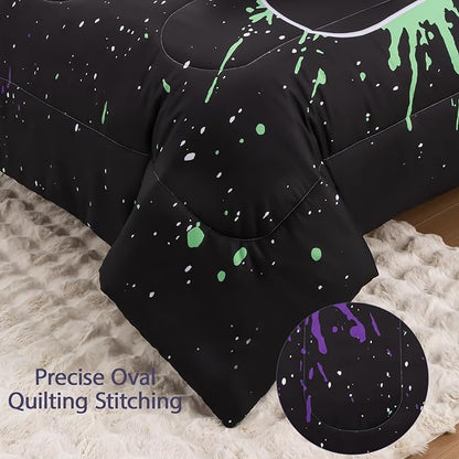 8Pcs Gamer Comforter Set with Sheets for Boys Girls Kids Teens, Colorful Graffiti Gaming Themed Bed in A Bag Full Size, Black 3D Video Game Controller Bedroom Decor Bedding Set-Black