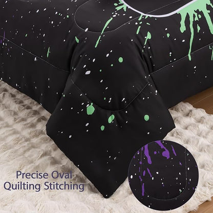 8Pcs Gamer Comforter Set with Sheets for Boys Girls Kids Teens, Colorful Graffiti Gaming Themed Bed in A Bag Twin Size, Black 3D Video Game Controller Bedroom Decor Bedding Set-Black