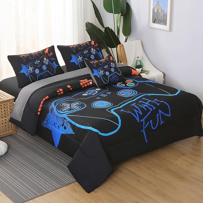 6Pcs Game Console Comforter Set with Sheets for Boys Girls Kids Teens, Geometric Gaming Themed Bed in A Bag Twin Size, 3D Video Gamer Controller Bedroom Decor Bedding Set(Blue)