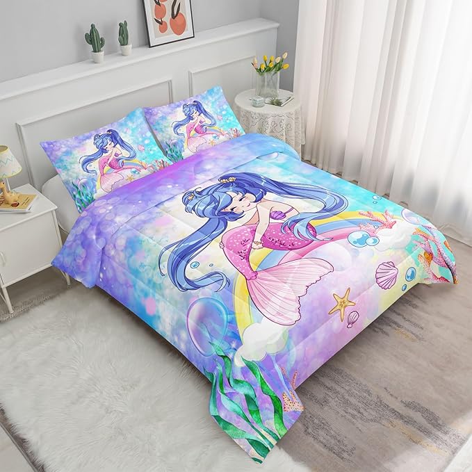 Datura home Kids Mermaid Comforter Set for Girls Women,Cute Mermaid Girl and Rainbow Shell Starfish Printed Pattern Blue Kawaii Bedding Set with 2 Pillowcases(Mermaid Girl Full)