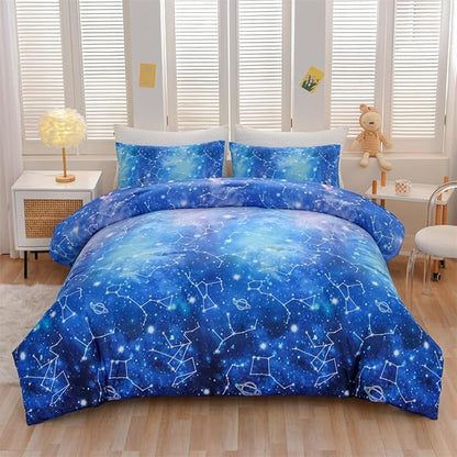 Holawakaka Tie Dye Constellation Print Ombre Comforter Set Twin Size Girls Boys Gradient Galaxy Bedding Set (Cyan,Twin)