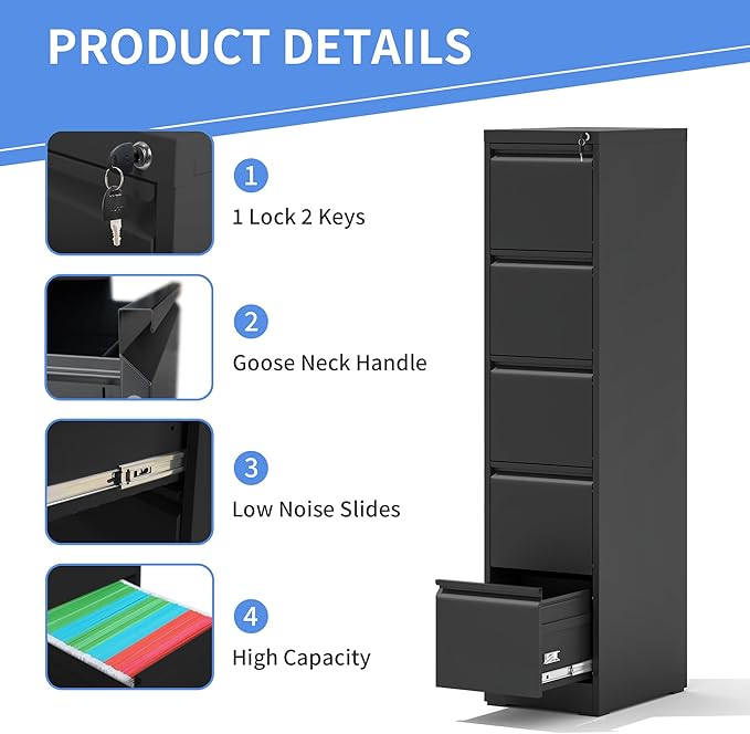 5 Drawer Vertical File Cabinet with Lock, File Cabinet for Home Office, Locking File Cabinet Hanging Files for A4/ Legal/Letter(Require Assembly, Black)
