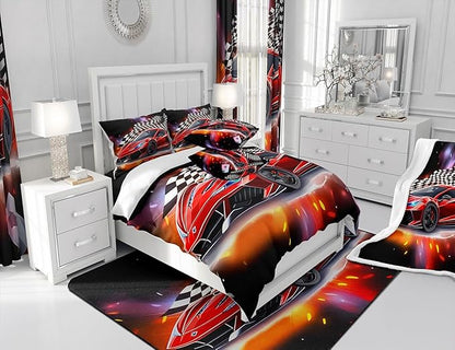 Feelyou Speed Sports Car Comforter Set King Size Extreme Sports Bedding Set for Kids Boys Girls Decor Red Comforter Microfiber Checkerboard Quilt Set Bedroom Bedclothes…