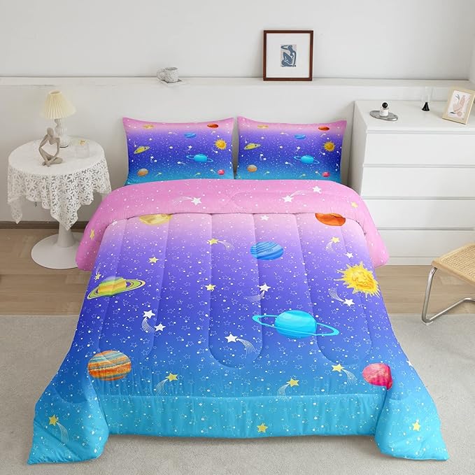 Erosebridal Space Comforter Set Twin Size for Boys Girls Kids Galaxy Stars Planet Bedding Set Kawaii Rainbow Pastel Bed Comforter Sets Pink Blue Purple Ombre Cartoon Quilt Duvet 1 Pillow Case