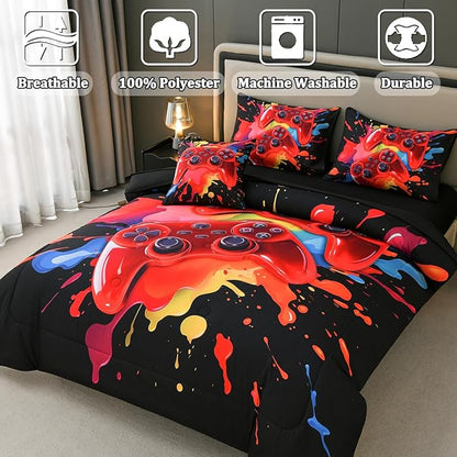 Full Size Gamer Comforter Set for Boys, Game Controller 6 Pcs Bed in a Bag Full Gaming Bediing Set for Boys Kids