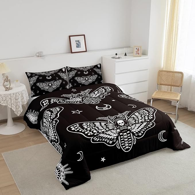 Boys Boho Moth Comforter Set Queen Size Men Gothic Skull Bedding Set for Girls Women Bedroom Decor Bohemian Moon Star Comforter Personalized Moth Skull Skeleton Bones Duvet Set Teens Quilt Set