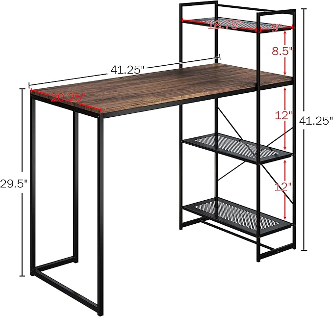 Lavish Home 80 BLT-SHF All-in-One Computer Desk with Shelves for Home Office, Bedroom, or Craft Table, Rustic Brown & Black