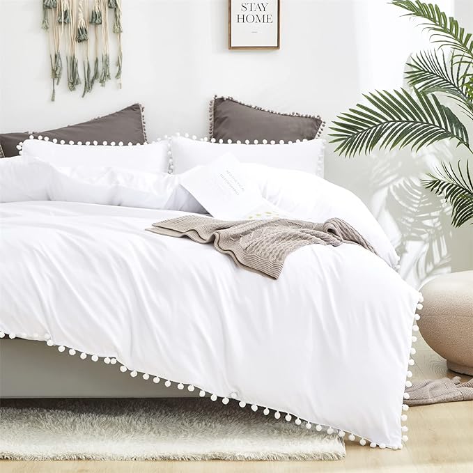 White Twin Comforter Girls Pom Comforter White Twin Bedding Set Boys 3 PCs Soft White Ball Pom Fringe Comforter Set 1 Twin Comforter (68x90 inches) with 2 Pillowcases (20x26 inches)