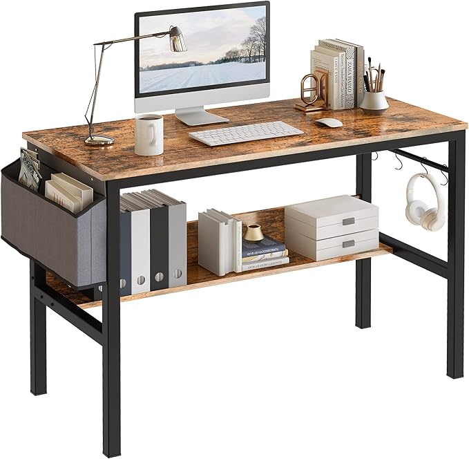 DKLGG Small Computer Desk Study Table, 43 Inch Home Office Laptop Table for Small Spaces, Modern Work Writing Table with Storage Bag & Headphone Hook, Rustic Brown