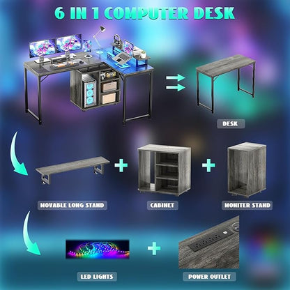 Cyclysio L Shaped Gaming Desk with Wood Cabinet, 58" Large Corner Desk with LED Lights & Power Outlet, Reversible Computer Desk with Monitor Stand, Home Office Desk 2 Person Corner Desk, Grey Oak