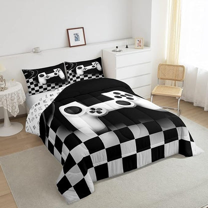 Erosebridal Gaming Alternative Bedding Set for Kids,White Gamepad Design Comforter Set Teenage Boys Room Decor,Buffalo Plaid Check Modern Down Comforter Lightweight Warm,Gamer Decor Duvet Insert Full