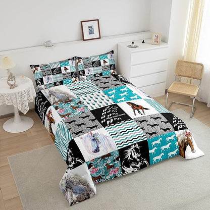 Kawaii Western Bedding,Cute Horse Queen Size Comforter Set For Teen Boys Girls,Rustic Farm Animal Bedding Set Cowboy Cowgirl Boho Comforter Arrow Rose Flower Horseshoe Quilt Set 2 Pillowcases Teal