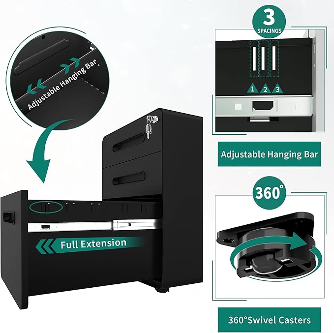 YITAHOME 3-Drawer Metal Mobile File Cabinet, Rolling Filing Cabinet with Lock, Filing Cabinet Under Desk fits Legal/A4 Size for Home/Office, Fully Assembled,Black